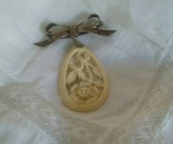 Dainty Brooch Celluloid Pin Carved Pendant Sterli… - image 2