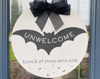 Unwelcome Knock at Your Own Risk Front Door Sign, Bats Halloween Decor, Halloween Fall Sign with Bow