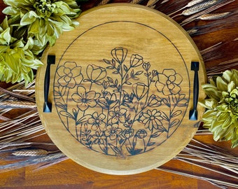 Floral Wood-burned Serving Decor Tray with Handles