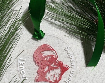 I know what you’ve been reading Santa silhoutte Christmas round acrylic holiday ornament with ribbon