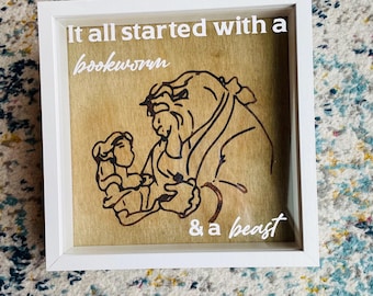 Beauty and Beast inspired Shadow Box, Woodburned Bookish Decor, Bookworm Gift