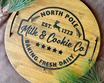 North Pole Milk and Cookies Christmas themed Serving Tray, Holiday Home Decor Platter with Handles