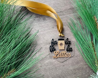 Acrylic Christmas Coffee Ornament, Fa La La La Lattes, Hexagon with Ribbon Hanger