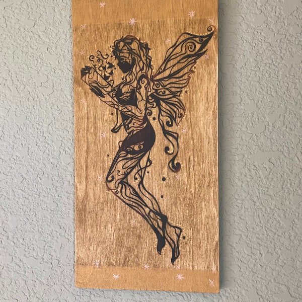 Fairy reading Book, Woodburned Design with Metallic Hand Painted touches, Wall Hanging or Bookshelf Decor