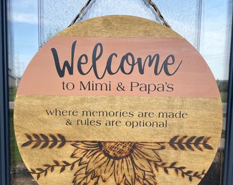 Custom Greeting Welcome Sign, Large Woodburned Sunflower, Wood Stained Round Front Door Decor, Braided Twine Hanger