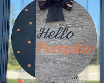 Hello Pumpkin Round Fall Autumn Front Door Home Decor Welcome Sign with Bow