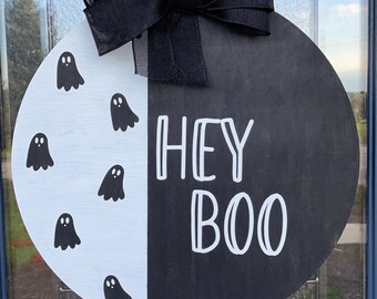 Hey Boo Ghost Welcome Sign, Halloween Round Fall Autumn Front Door Home Decor Welcome Sign with Bow
