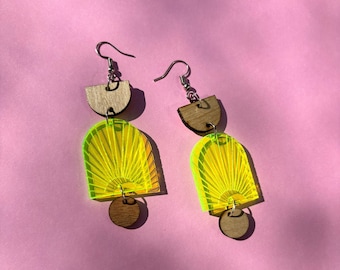 Gamla | Laser-Cut Earrings in Geometric Patterns, Lightweight Hypoallergenic Fish-Hook Drop Earrings, Contemporary Earrings, Wood & Acrylic
