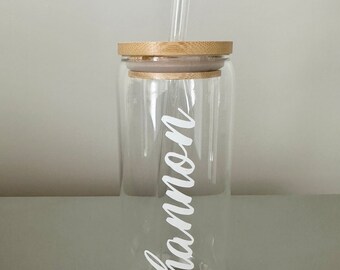 20 oz. Drinking Glass with Bamboo Lid and Straw, Can Shaped Glass, Ice Coffee Glass, Family Vacation, Girl’s Trip, Bridesmaid Gift