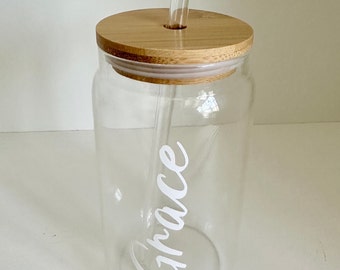 Personalized Glass, 16 oz. Glass with Bamboo Lid and Straw