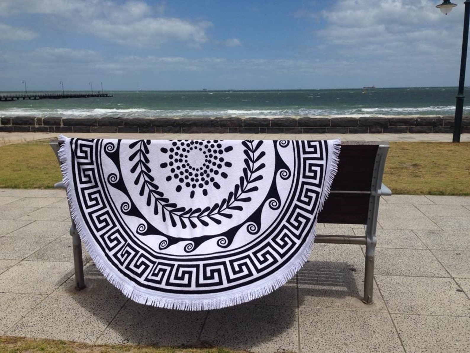 Round Beach Towel GREEK SUN White Tassels 150 cm Diameter Etsy