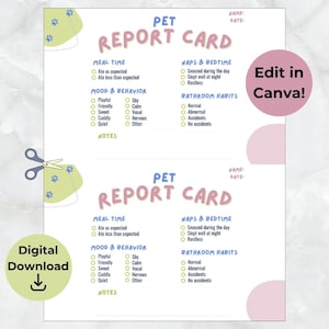 Boletín de calificaciones de mascotas, boletín de calificaciones de perros, boletín de calificaciones de gatos / Descarga digital / Plantilla Canva
