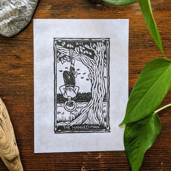 The Hanged Man Tarot Card Lino Cut
