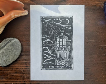 The Tower Tarot Card Lino Cut