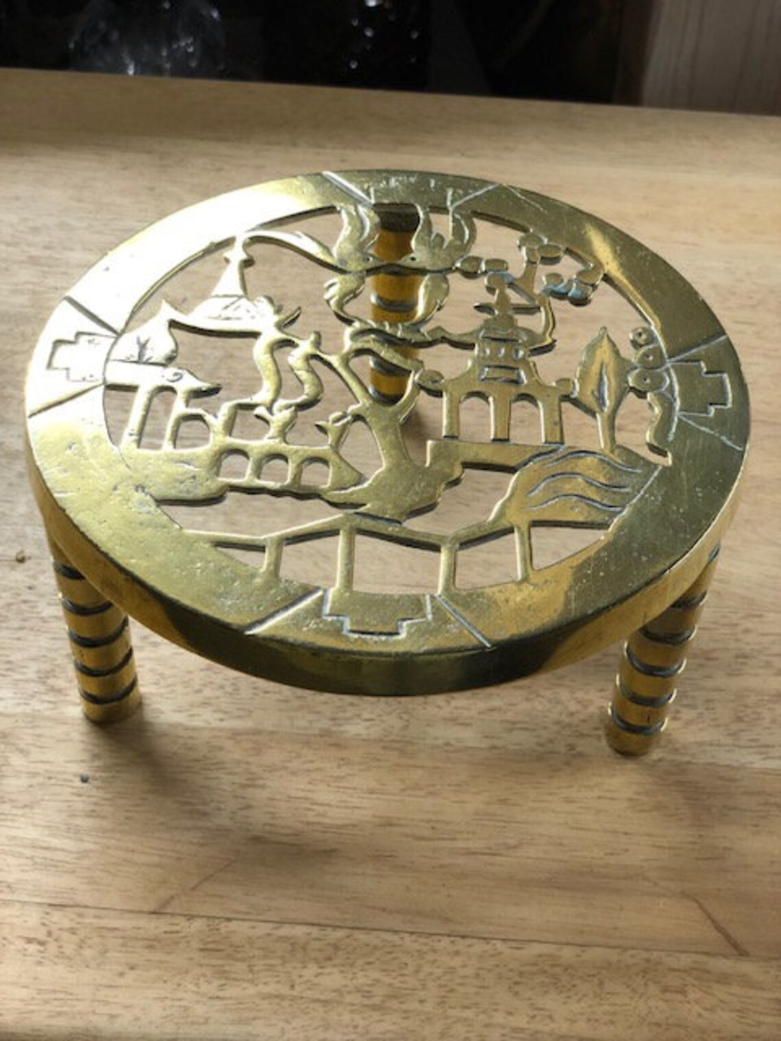 A vintage Chinese brass trivet Oriental scenic pattern Etsy