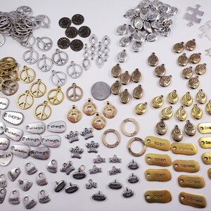 DESTASH lot of words and symbols charms, jewelry making supplies, peace signs charms, word charms, 170+ charms