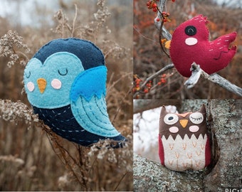 Woodland Bird Trio - PDF Pattern - Owl, Cardinal, Blue Bird