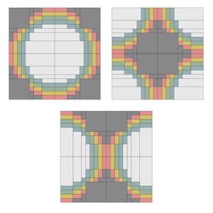 May include: A quilt block pattern with a gray background and a colorful design. The design features a series of concentric circles in shades of pink, yellow, green, and blue. The circles are surrounded by a border of gray squares.