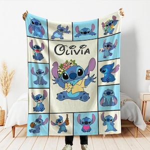 Custom Name Lilo And Stitch Blanket, Personalized Cartoon Blanket, Gift For Birthday