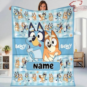 Personalized Bluey Blanket Custom Name Blue Dog Blanket For Kids, Bluey Blanket For Girls and Boys, Blanket Gift, Child Personalized Blanket