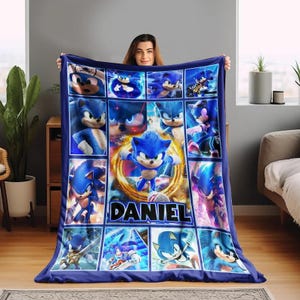 Aangepaste naam kinderen Sonic The Hedgehog-deken, gepersonaliseerde cartoon-egeldeken, verjaardagscadeau