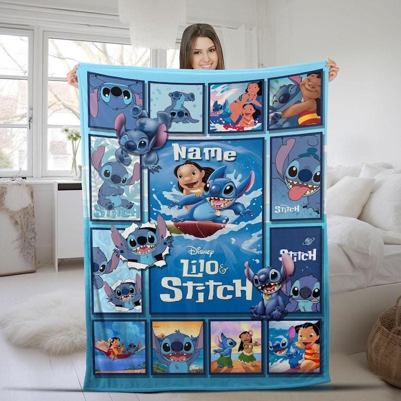 Personalized Lilo & Stitch Blanket, Custom Name Cartoon Blanket, Gift For Birthday Kid