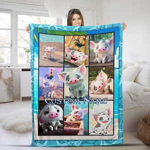 Manta personalizada de Moana, adorable cerdito Pua, manta para bebé, ropa de cama temática, manta para sofá cama, regalos de cumpleaños