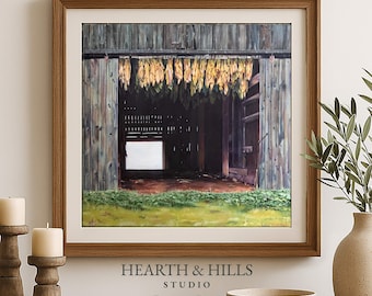 Tobacco Barn Wall Art Print – Appalachian Farmhouse Oil Painting, Rustic Kentucky Landscape, Country Barn Decor, Rural Home Wall Art