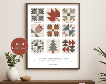 Descarga digital de un bloque de patchwork con motivos de la naturaleza / Patrón de huella de oso, hoja de arce y gansos voladores / Arte mural rústico, orgánico y moderno de los Apalaches para imprimir