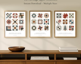 Colección de Edredones Heritage Descarga Digital / Juego de 3 Obras de Arte de Edredones Imprimibles / Decoración de Pared Rústica de Granja de los Apalaches / Estilo Orgánico Moderno