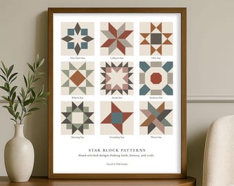 Star Quilt Art Print | Traditional Patchwork Blocks | American Folk Decor | Vintage Textile Style | Cottage Gallery Wall | Heritage Home