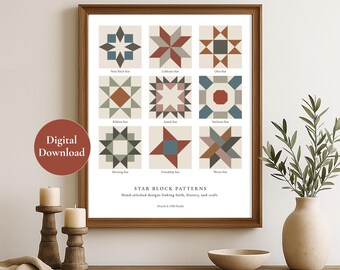 Patrones de bloques de colcha con estrellas para descarga digital / Arte mural de arte popular de los Apalaches / Impresión rústica moderna / Decoración de estilo granja o cottagecore