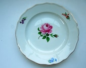 MEISSEN Plate Red Pink Rose Ruffled Gilded Rims with Small Flowers Cross Swords Wedding Anniversary Birthday Bridal Shower Collector Gift