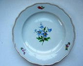 MEISSEN Plate Bluebell Campanula Ruffled Gilded Rims w Small Flowers Cross Swords Wedding Anniversary Birthday Bridal Shower Collector Gift