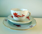 Antique Meissen Red Ming Dragon Flat Cup Saucer Plate Scalloped Gilded Rims Wedding Anniversary Birthday Bridal Shower Collector Gift