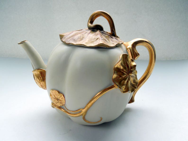 Royal Worcester Pumpkin Tea Set Teapot Creamer Sugar Bowl Ivory Gilded Wedding Anniversary Birthday Collector Gift Antique RARE AS IS