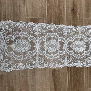 Lace Topper Table Runner Off White Scalloped Edging Flowers 33&quot; x 13 1/2&quot; Wedding Anniversary Birthday Bridal Gift