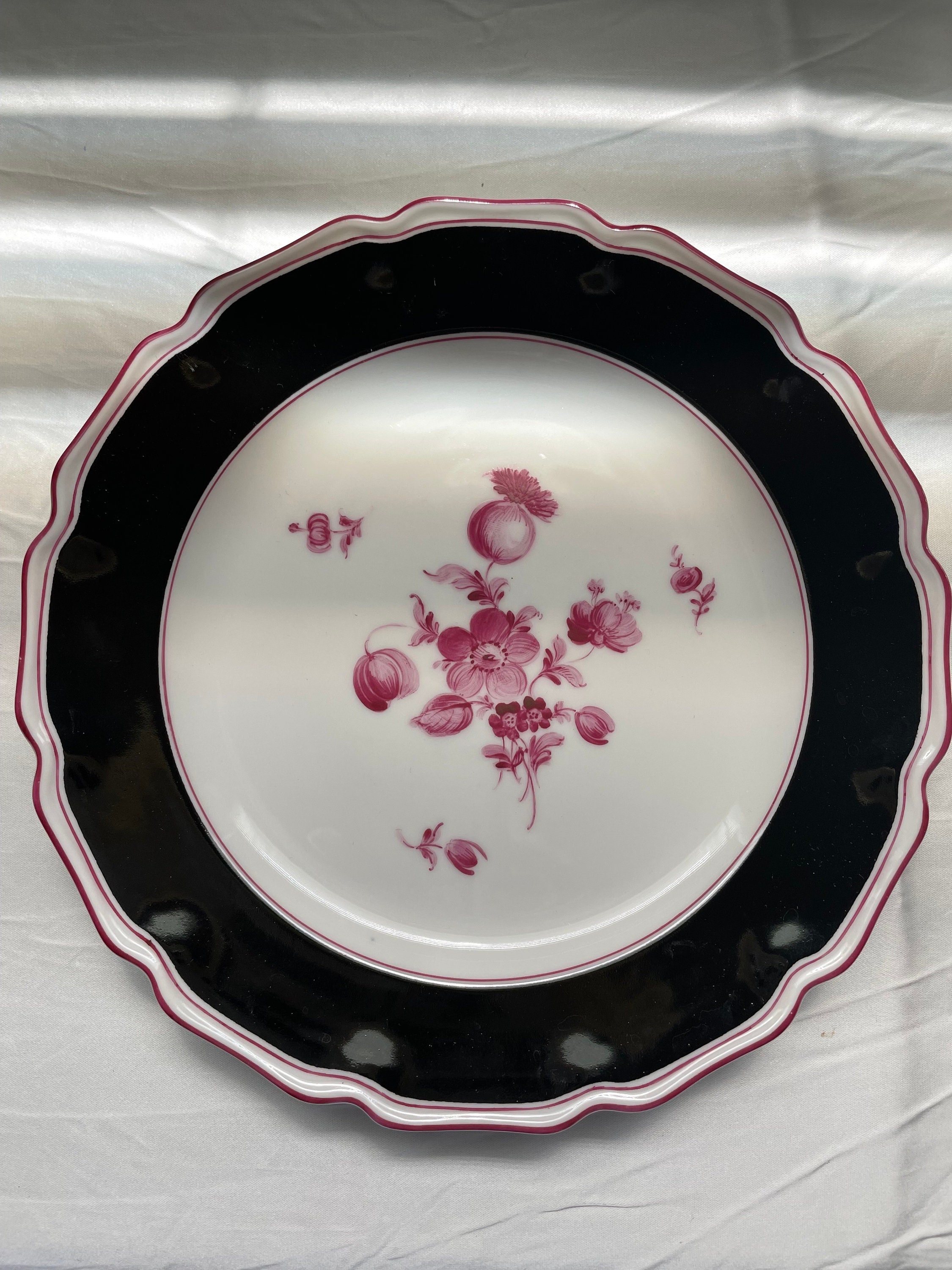Vintage Nymphenburg Porcelain Plate: Hand Painted Puce Floral, Black Rims (7 3/8")