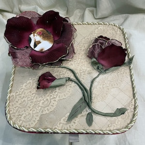 Upcycled Vintage Box Quilted Glove Keepsake Flowers Laces Gold Trim One of a Kind Custom Dresser Mementos Jewelry 8.5&quot; x 8.5&quot; x 2.5&quot; Gift