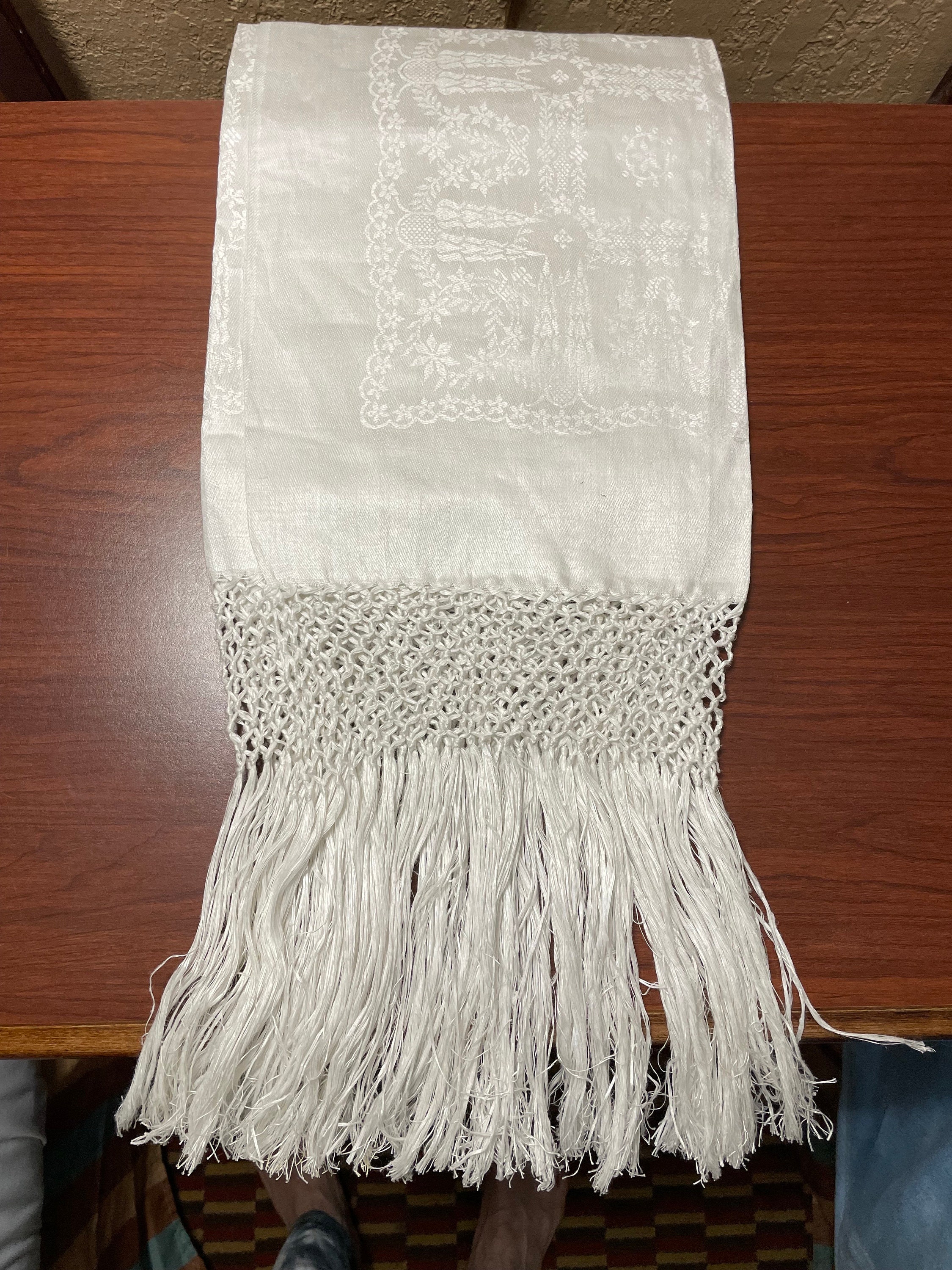 Italian Linen Towel Bath Size Damask Large Fringe NOS Unused 52” L x 26” W Vintage Wedding Anniversary Birthday Bridal Gift Holiday