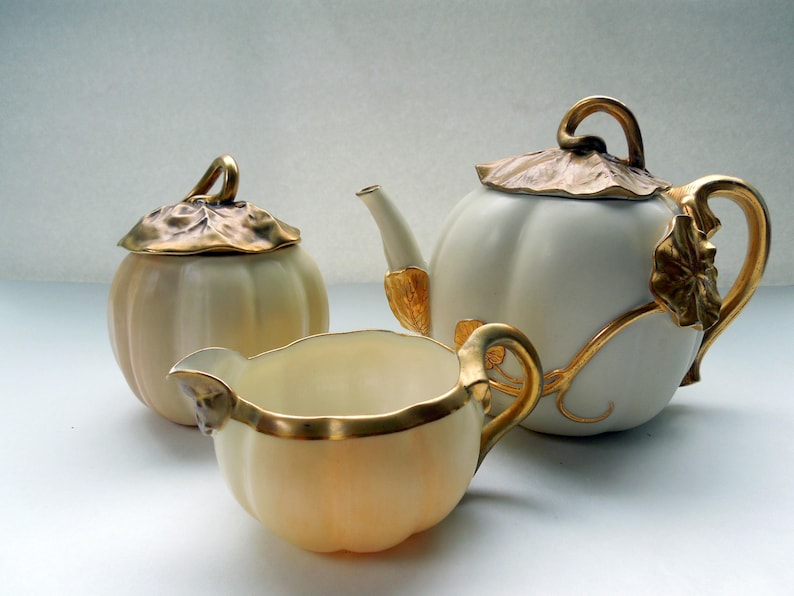 Royal Worcester Pumpkin Tea Set Teapot Creamer Sugar Bowl Ivory Gilded Wedding Anniversary Birthday Collector Gift Antique RARE AS IS