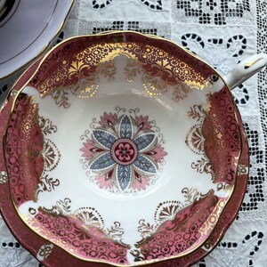 PARAGON Teacup Saucer Stylized Flowers Floral Gold Pink England Wedding Anniversary Birthday Bridal Shower Holiday Table Gift