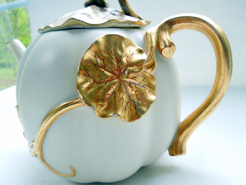 Royal Worcester Pumpkin Tea Set Teapot Creamer Sugar Bowl Ivory Gilded Wedding Anniversary Birthday Collector Gift Antique RARE AS IS