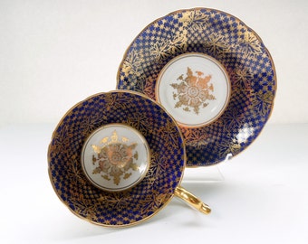 Vintage Aynsley Cobalt Tea Cup & Saucer: Gold Leaves, English Bone China