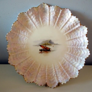 Coalport Cabinet Plate Shell Shape Hand Painted Boat Scene Ruffled Pearl Border Gift Wedding Anniversary Birthday Antique 1880-1920