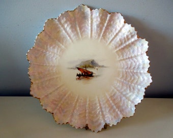 Coalport Cabinet Plate Shell Shape Hand Painted Boat Scene Ruffled Pearl Border Gift Wedding Anniversary Birthday Antique 1880-1920