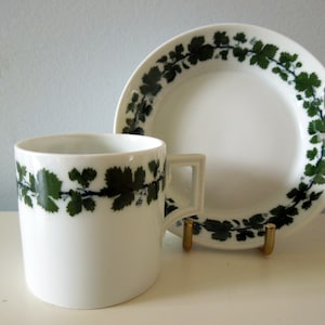 Antique Meissen Cup Can Shaped Deep Saucer Green Leaves Vines Pattern Square Handle Wedding Anniversary Birthday Collector Gift 1815 - 1924