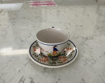 H Quimper France Cup & Saucer Large Breakfast Size Set Vintage