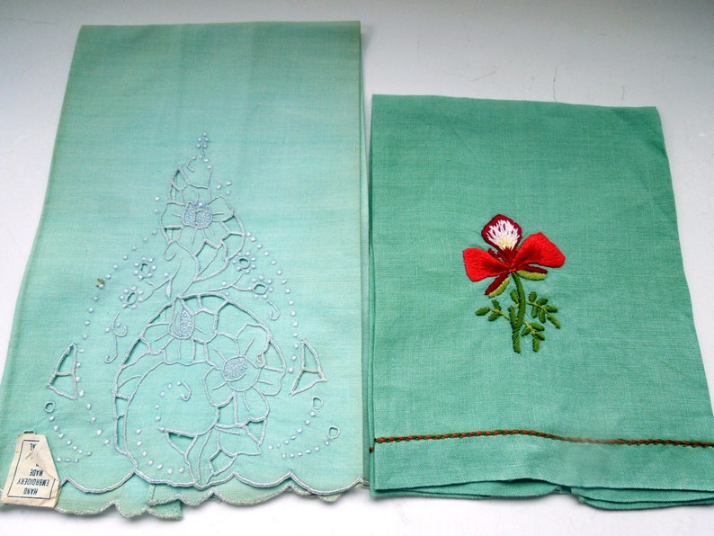 Madeira Floral Towel Pair Green Applique Embroidery Hand Work Wedding Anniversary Birthday Bridal Collector Christmas Gift for Her Vintage