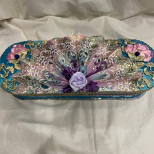 Upcycled Vintage Box Quilted Glove Keepsake Vanity Flowers Laces Beads One of a Kind Custom Storage Jewelry 13.5&quot; x 5&quot; x 3&quot; Gift Vintage